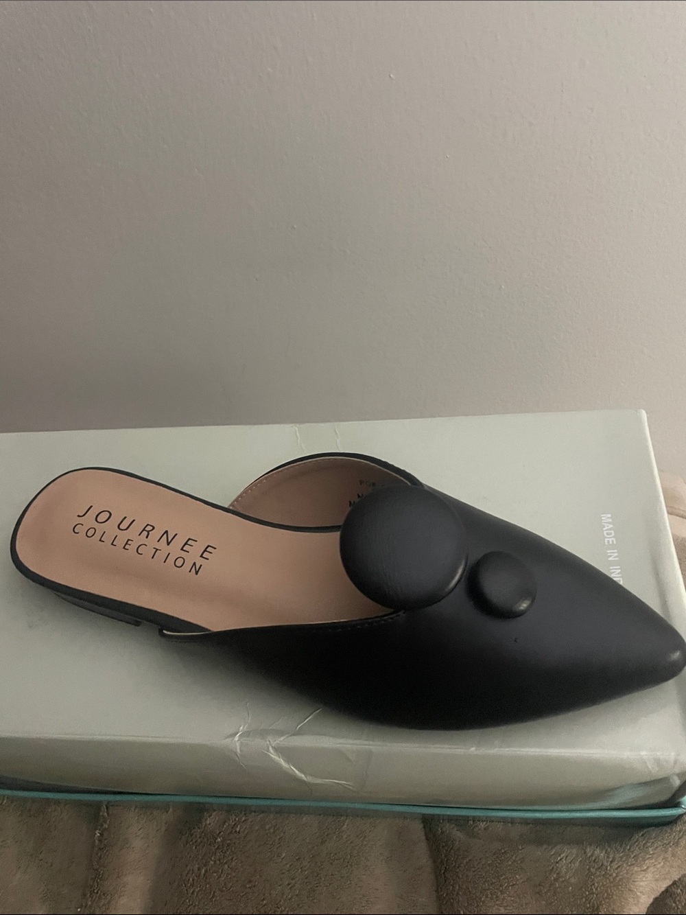 Journee Collection Black Pointed Slip-On Mule with Button Accents